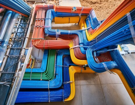 organized colorful pipe layout during electrical conduit installation for control systems in mep