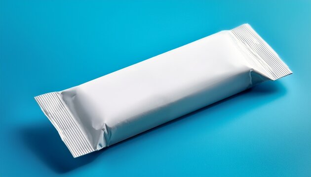 blank white snack bar or protein bar package mockup on light blue background