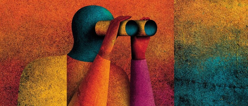 Geometric minimal illustration of a tearful musician polishing vintage binoculars in coastal morning mist, rendered in sharp blocks of slate and charcoal with a minimal cool-toned palette