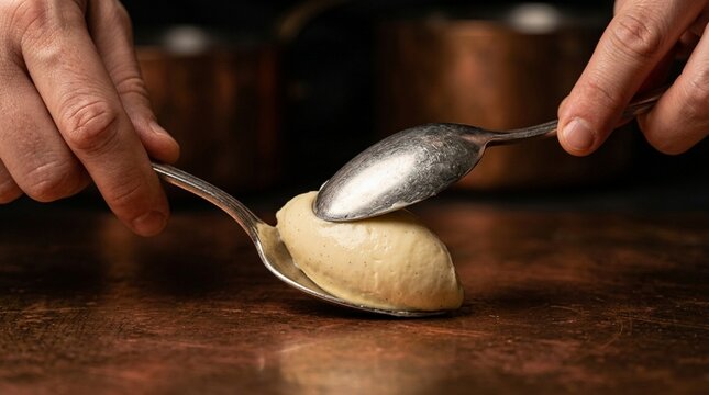 Chef Forming Quenelle with Two Spoons from Cream or Mousse
