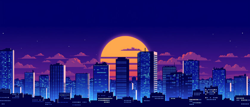 1980sシティポップ夜景日本風景レトロ都市ビル群星空月都会ノスタルジック夜の街背景イラスト動画素材サムネイル配信向け商用利用可能デザイン壁紙用途グラフィックアート都市景観イメージ素材