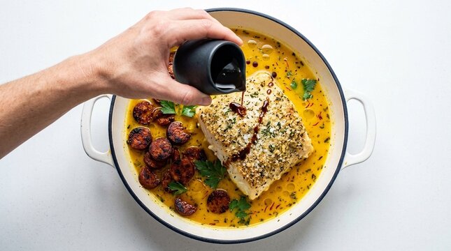 Thick Salt-Crusted Cod Loin in Saffron Broth with Crispy Chorizo