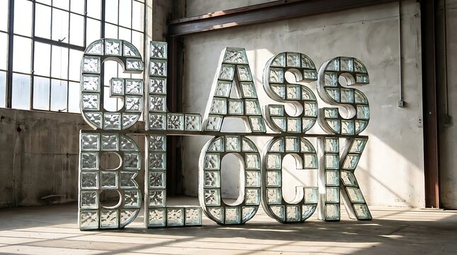 Giant glass block typography in sunlit industrial loft.