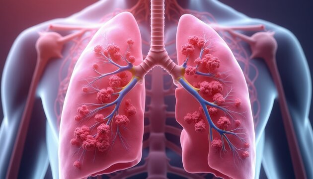 Medical illustration shows human lungs with numerous cancerous tumors growing on bronchi. Detailed view of diseased respiratory system highlighting abnormal cell growth and spread within chest cavity.