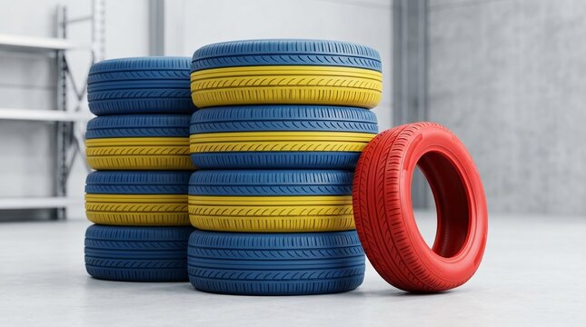 stacks of blue and yellow tires stand beside a single, vibrant red tire in a clean warehouse. It is a visual metaphor for non-conformity and the power of individual distinction amidst a sea of uniform
