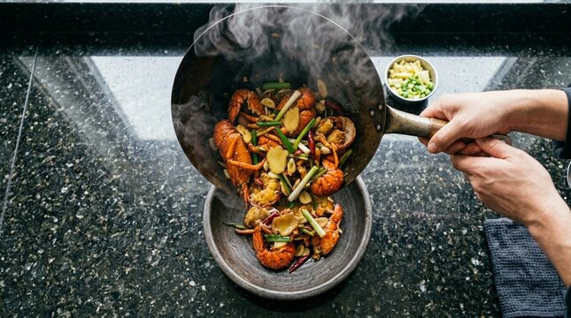 Wok-Tossed Shell-On Lobster Pieces with Ginger Scallion Wok Hei Smoke