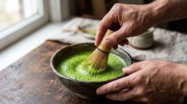 Tea Ceremony Matcha Whisked in Raku Bowl with Bamboo Chasen Foam