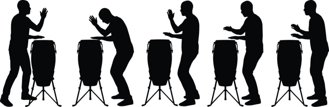 Black silhouette collection of a male musician playing conga drums in various action poses isolated on white background