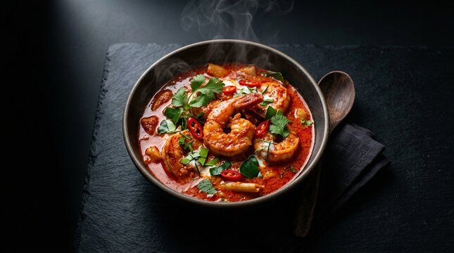Brilliant Red Coconut Prawn Curry with Kaffir Lime Leaves Overhead