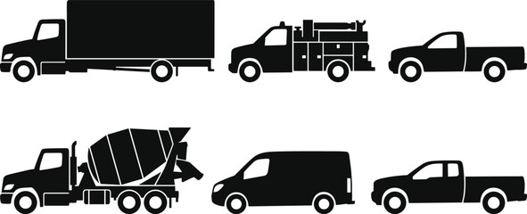 Black silhouette collection of industrial commercial vehicles including delivery truck cement mixer van and pickup trucks isolated on white © IconicCreations
