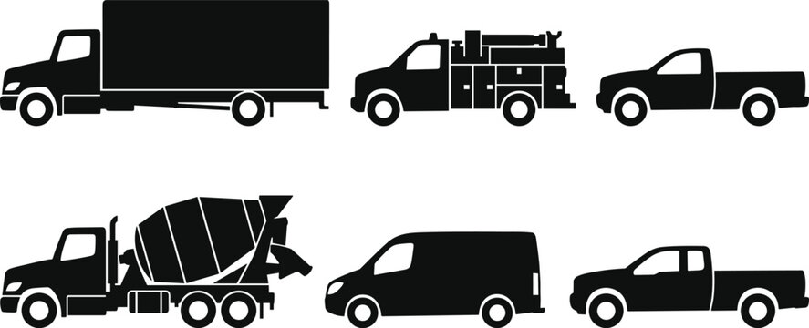 Black silhouette collection of industrial commercial vehicles including delivery truck cement mixer van and pickup trucks isolated on white