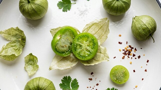 Paper-Husked Tomatillo Peeled Open Close Macro Vivid Green Scatter