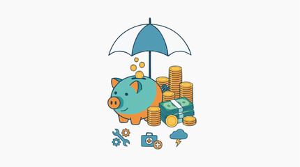 Fototapeta premium A whimsical illustration depicts financial security, featuring a piggy bank sheltered under an umbrella. signifying protection and savings, surrounded by gold coins, dollar bills.