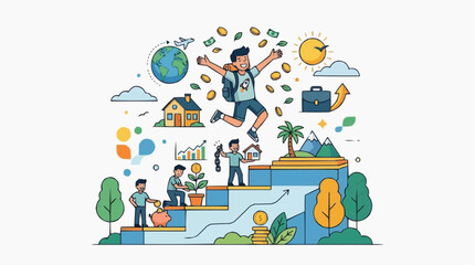 Fototapeta premium A vibrant illustration symbolizing financial growth and personal development, a journey from planting seeds of ambition to achieving financial freedom, represented by ascending stairs toward the sun.