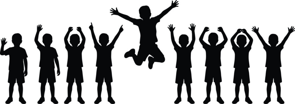 Group of happy children silhouettes with arms raised and jumping in joy isolated on white background for school and childhood concepts