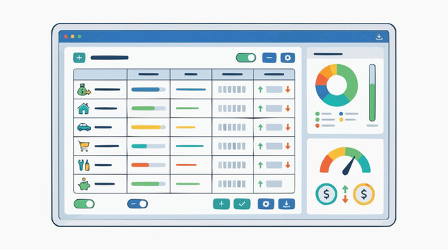 An informative illustration of an on-screen financial interface, showcasing a dashboard filled with charts and data, providing an overview of budget, income, expenditure, savings, and assets. 
