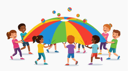Naklejka premium A group of diverse children are joyfully playing with a colorful parachute, a symbol of unity, teamwork, and childhood. Balls are tossed into the air.