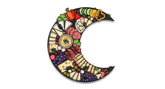 Crescent moon shaped charcuterie board with cheese meat and fresh fruit