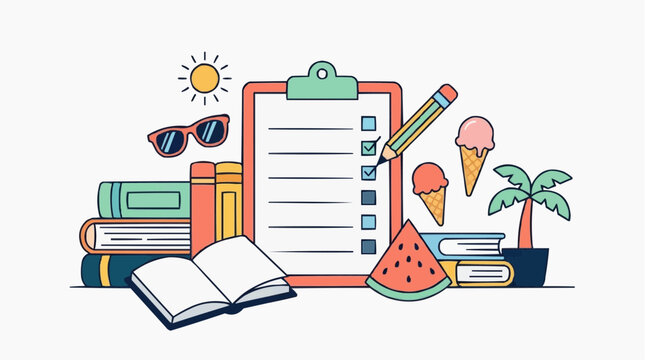 Summer Checklist: A vibrant, sunny illustration of a summer checklist, accompanied by cheerful icons such as books, sunglasses, and ice cream, encapsulates the essence of summer fun. 