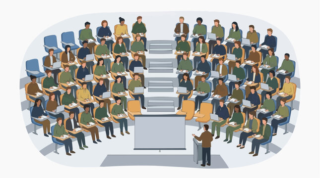 An illustration depicting a large group of people in a lecture hall. The presenter stands at a podium, delivering a speech to the seated audience.