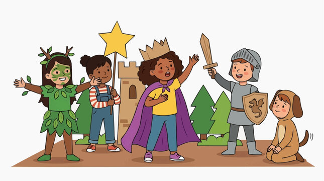 Children's imaginative play with vibrant costumes, transforming them into whimsical characters in a joyful scene, as a fantasy world comes alive.