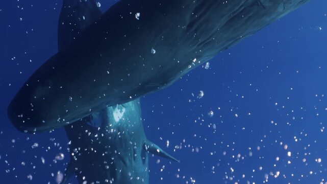 Sperm whales actively interacting, gently biting touching each other with teeth, opening mouths in rare social behavior, unique underwater footage showing dynamic communication intimate marine mammal