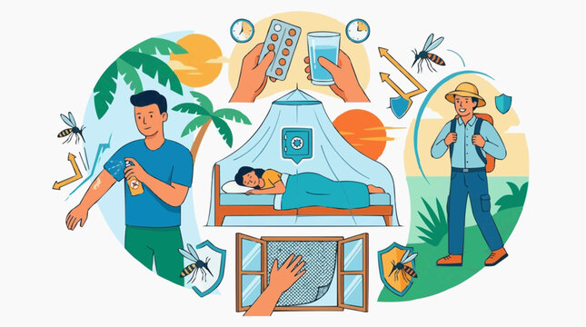 Illustration showcasing mosquito protection methods for health and well-being. Includes information on mosquito repellent use, protective gear, bed nets, and medication to avoid mosquito bites.