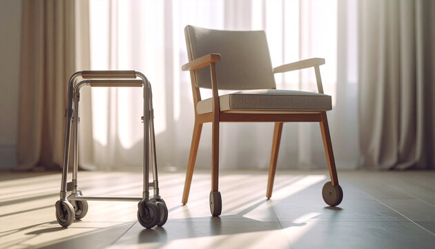 Wheelchair and chair in morning sunlight: the mobility device placed beside an elegant chair and the light falls softly.