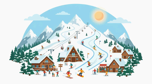 A vibrant illustration showcases a bustling ski resort nestled amidst snow-capped peaks, offering an inviting scene for winter sports enthusiasts. 