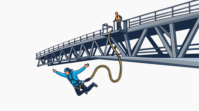 A daring figure takes the leap from a bridge, embracing the thrill of bungee jumping, high above, a visual experience of adrenaline and adventure.