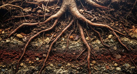 Fototapeta premium Detailed close up view reveals the complex network of thick tree roots delving deep into richly layered soil strata displaying various earth tones and small stones.