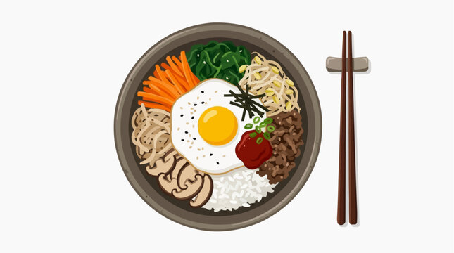 A visually stunning illustration of bibimbap showcases a vibrant arrangement of colorful ingredients that tantalize your eyes and stimulate your appetite.