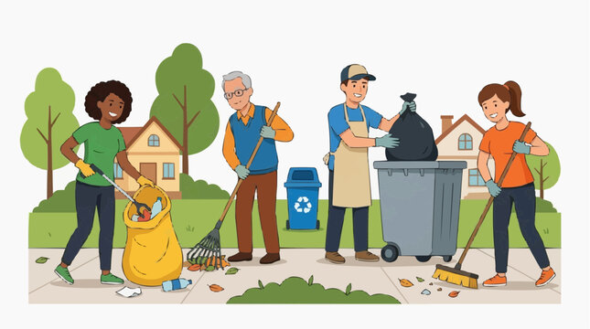 Image of community members cleaning up a street. A diverse group of people volunteer to sweep, rake, and collect trash in a neighborhood beautification effort.