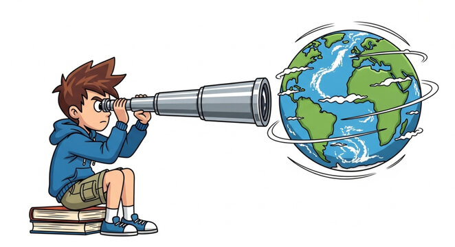 Young boy looking through telescope at planet Earth.