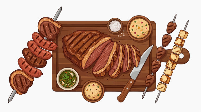 A visually enticing arrangement of perfectly grilled cuts of meat, accompanied by a selection of flavorful sides, arranged on a rustic wooden board, a mouthwatering culinary experience.
