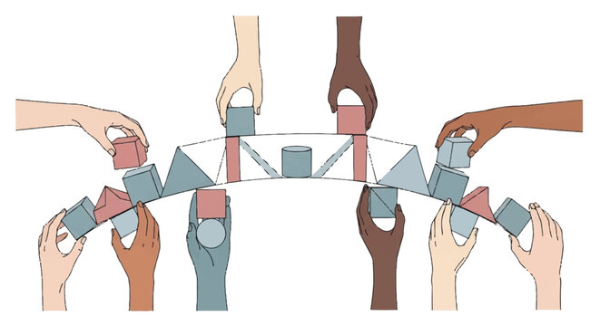 Diverse hands building a bridge with blocks together in unity and cooperation