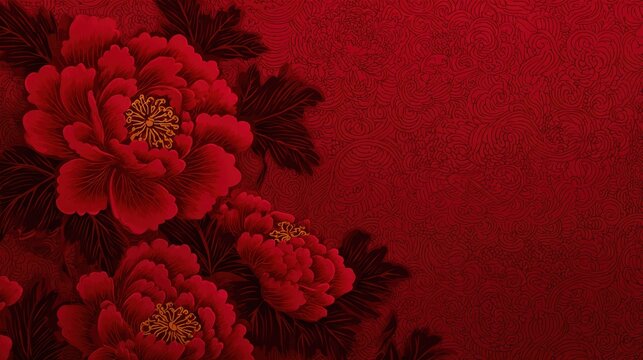 Chinese traditional lunar new year Spring Festival celebration in Asia. A vibrant red background with intricate floral patterns, adorned with red peonies.