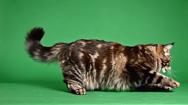 Maine Coon Cat Posing and Pouncing on Green Screen Background