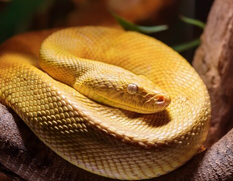 creamy yellow snake coiled in enclosure showcasing intricate skin pattern