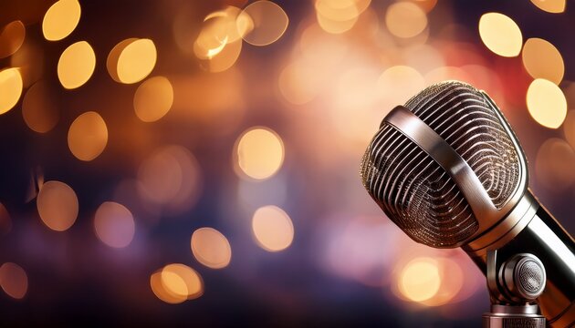 microphone with bokeh light background stand up comedy show karaoke or singing contest background for poster design open mic and jokes show