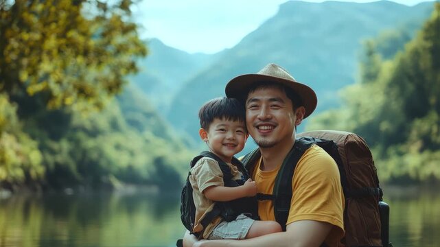 Asian Father Holding Little Boy Enjoy Outdoor Camping Hiking Family Adventure 4k video footage