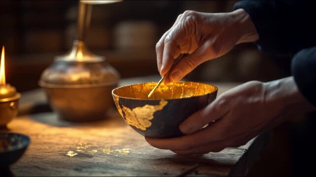 Hand Using Brush Repairing Broken Ceramic Kintsugi Japanese Craft Art Close Up Scene 4k video footage