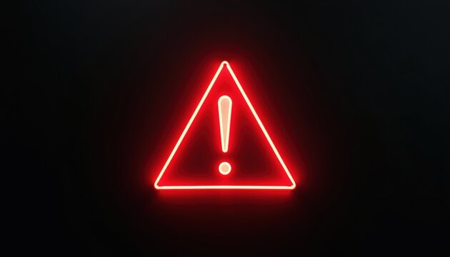 Red neon warning triangle with exclamation mark glowing brightly against a dark background. Symbol represents alert danger caution hazard risk important urgent emergency notice.