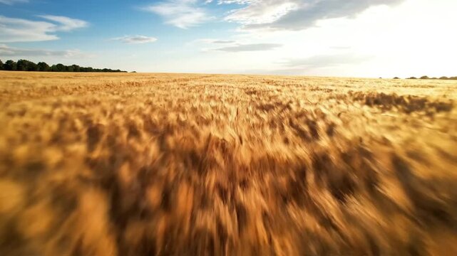 Golden wheat field under blue sky.