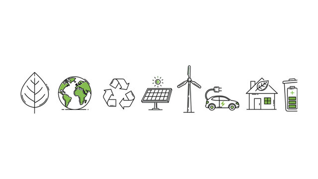 Eco-Friendly World: A collection of hand-drawn icons showcasing the essence of environmental protection and sustainability. These symbols represent key elements of a greener lifestyle