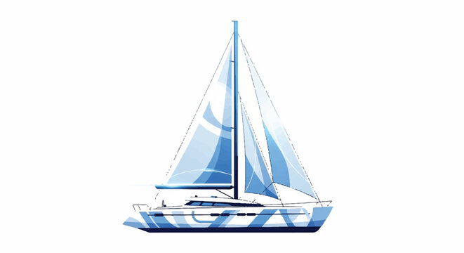 A blue and white sailboat sails across calm waters on a sunny day.