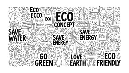 Eco-Friendly Conceptual Landscape: A visually striking and inspiring monochrome illustration showcasing a range of eco-friendly concepts, symbols. © Rokaiya