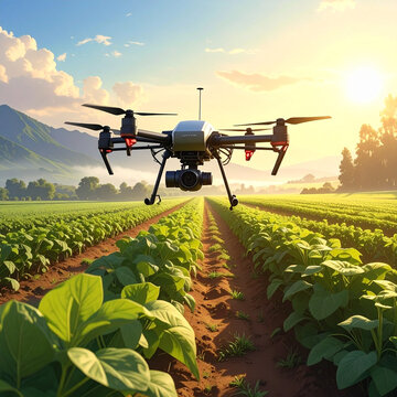 Drone boven een akker bij zonsondergang