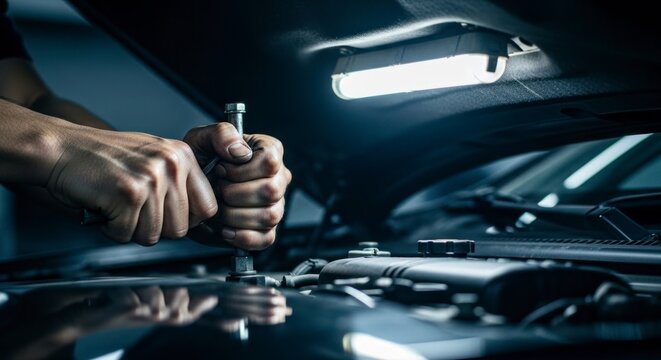 De handen van een monteur werken aan een automotor, met bovenverlichting.