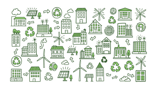Green City Design: An abstract arrangement of green building icons with windmills, solar panels, and recycling symbols